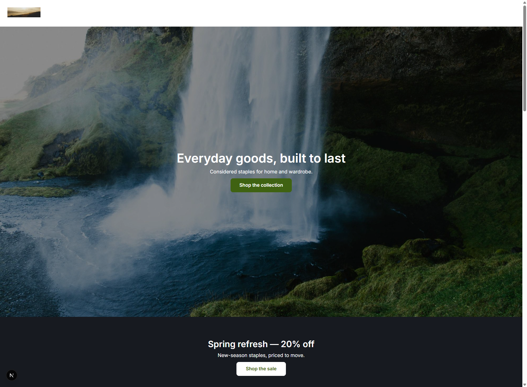 The installed Driftwood Supply Co. home page — a full-bleed hero, featured products, and a journal section